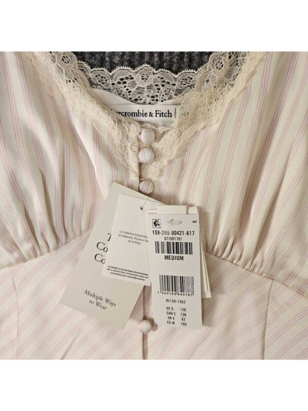 NWT $120 Abercrombie & Fitch bra free lace trim midi dress Pink Stripe sz M - Picture 7 of 8